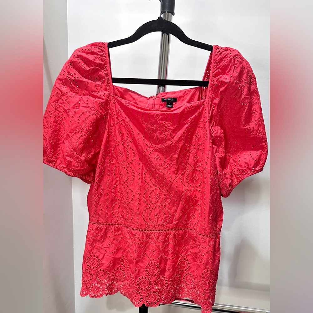 Ann Taylor Red Ruffled Peplum Blouse, Cotton Blend, 14